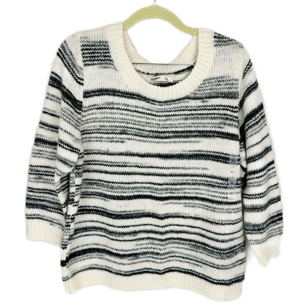 Nwt Old Navy White Gray Stripped Chunky Knit 3/4 Sleeve Wool Blend Sweater Sz XL